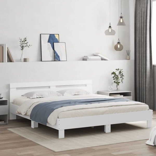 Bed frame with headboard and LED, white, 160x200cm