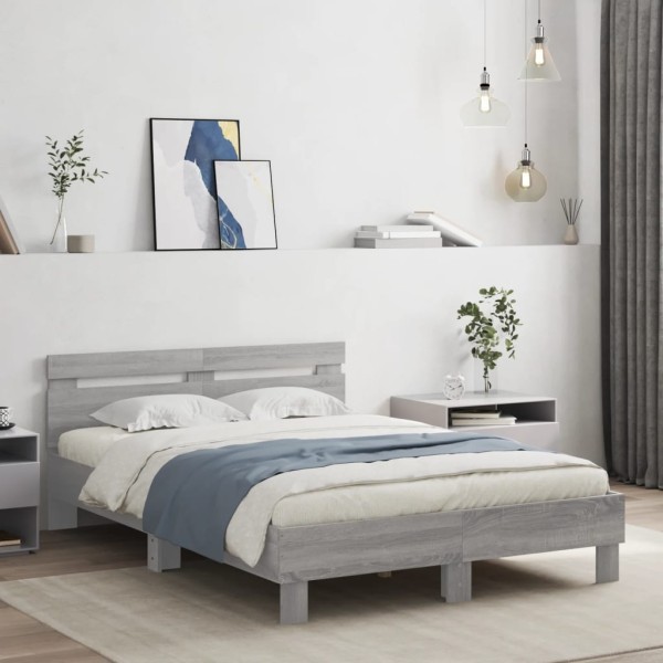 Bed frame with headboard and LED, gray oak, 135x190cm