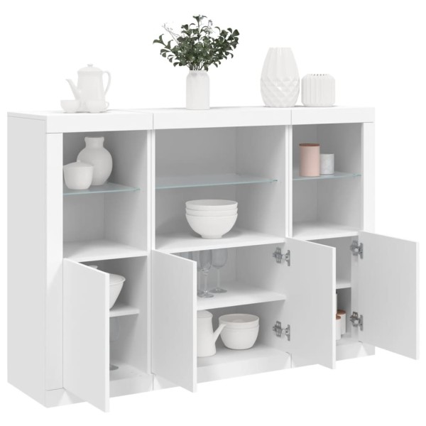 Side cabinets with LED, 3 pcs., white, treated wood