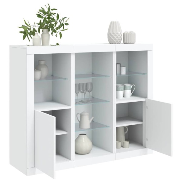 Side cabinets with LED, 3 pcs., white, treated wood