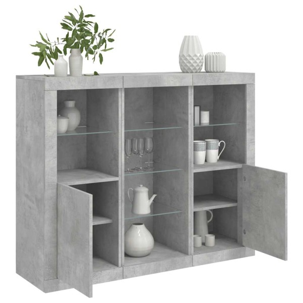 Side cabinets with LED, 3 units, concrete, treated wood