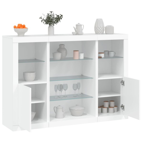 Side cabinets with LED, 3 pcs., white, treated wood