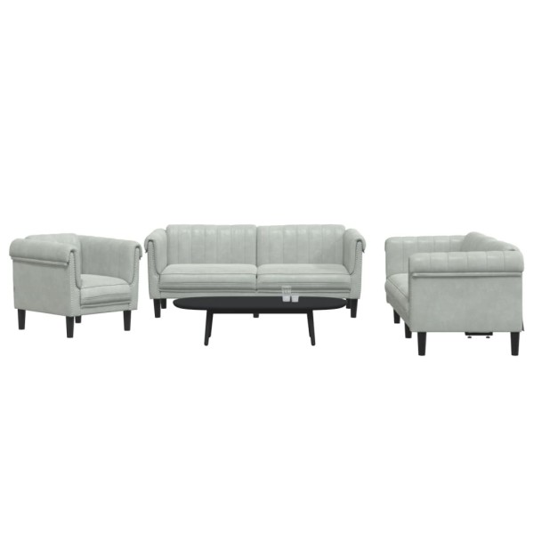 Sofa set, 3 parts, light gray, velvet
