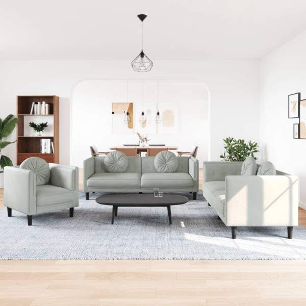 Sofa set with pillows, 3 parts, gray, velvet