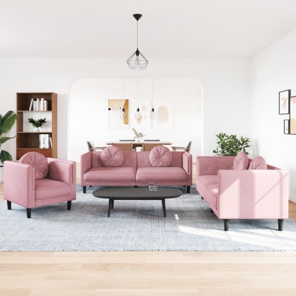 Sofa set with pillows, 3 parts, pink, velvet