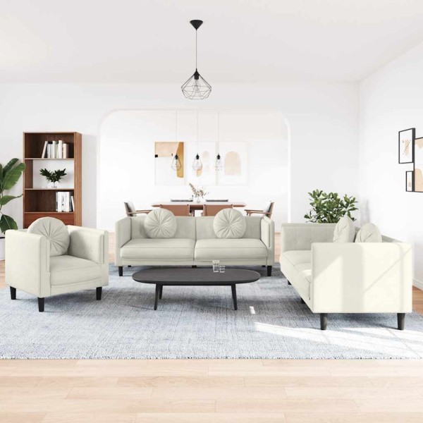 Sofa set with pillows, 3 parts, cream, velvet
