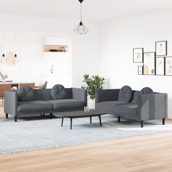 Sofa set with pillows, 2 parts, gray, velvet