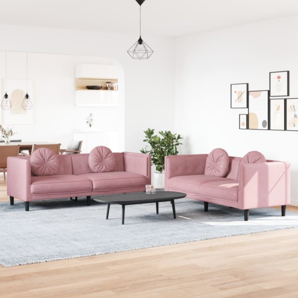 Sofa set with pillows, 2 parts, pink, velvet