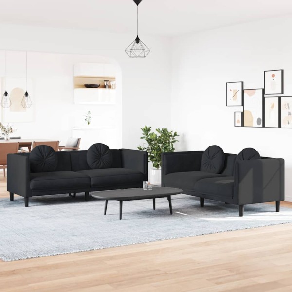 Sofa set with pillows, 2 parts, black, velvet