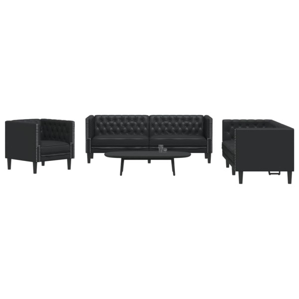 Chesterfield sofų komplektas, 3 dalių, juodas, dirbtinė oda