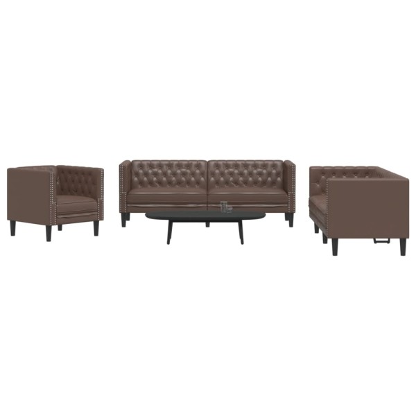 Chesterfield sofų komplektas, 3 dalių, rudas, dirbtinė oda