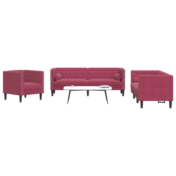 Chesterfield sofa set with cushions, 3 pieces, red