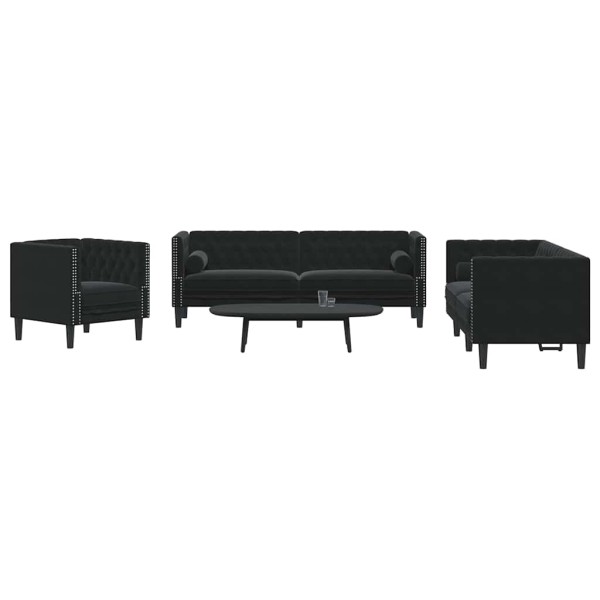 Chesterfield sofa set with cushions, 3 pieces, black