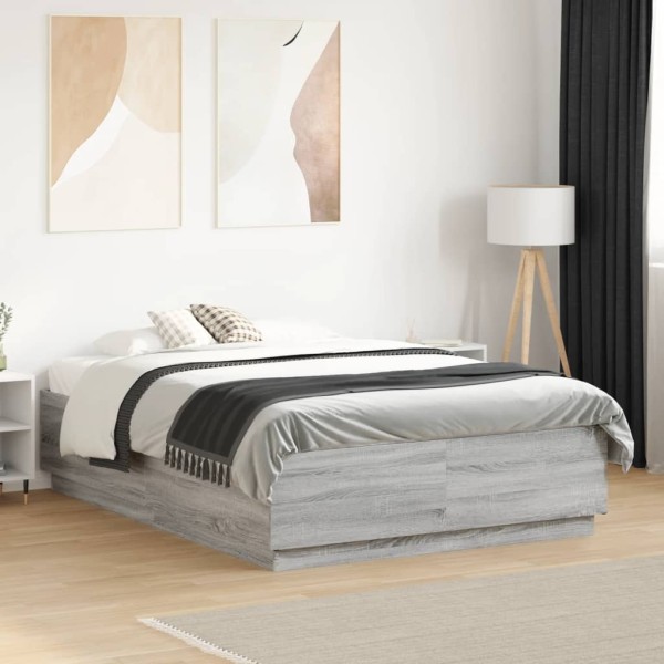 Bed frame with LED, gray oak, 135x190cm, treated wood
