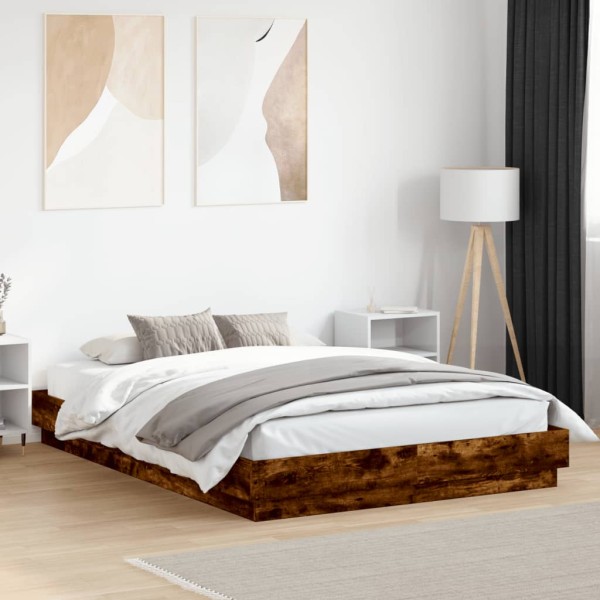 Bed frame with LED lights, smoky oak, 160x200cm