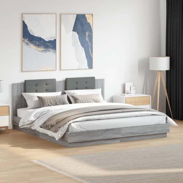 Bed frame with headboard and LED, gray oak, 160x200cm