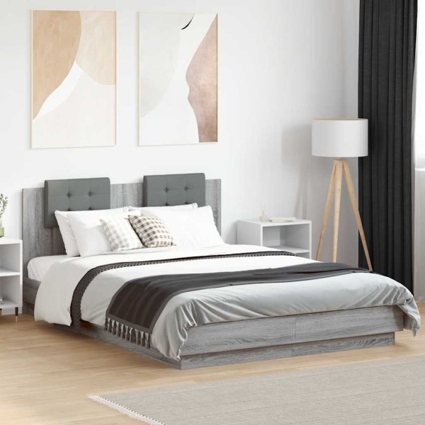 Bed frame with headboard and LED, gray oak, 150x200cm