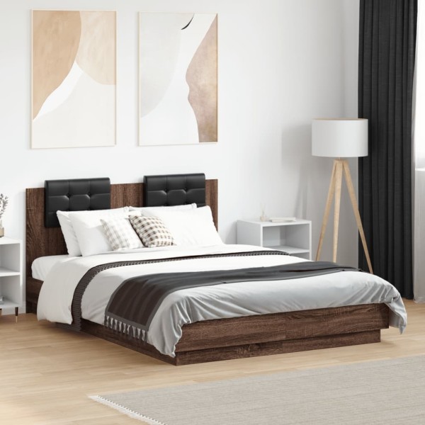 Bed frame with headboard and LED, brown oak, 135x190cm