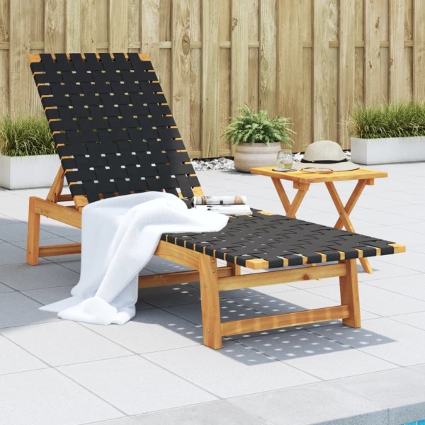 Sun lounger with table, black, solid acacia and fabric