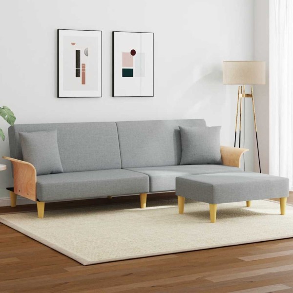 Double sofa-bed with pillows and footstool, gray, velvet