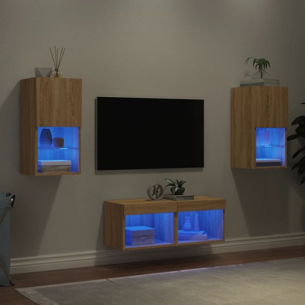 Wall TV cabinets with LED lights, 4 parts, oak