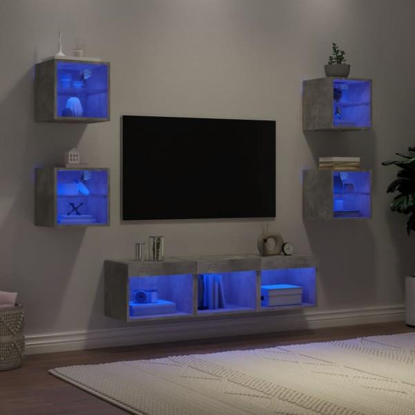Wall TV section with LED, 7 parts, concrete, processed wood