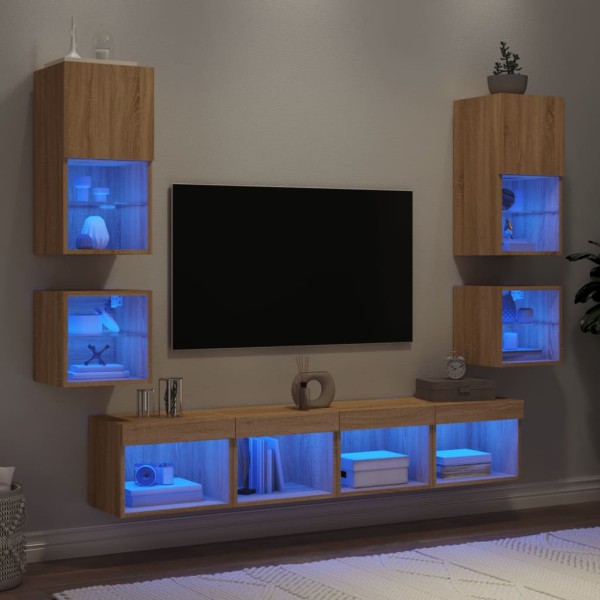 Wall TV section with LED, 8 parts, oak, processed wood