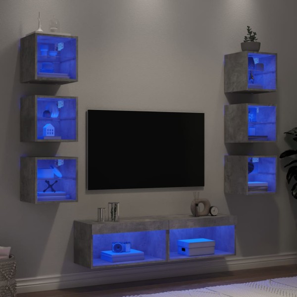 Wall TV section with LED, 8 parts, concrete, processed wood