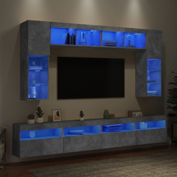 Wall-mounted TV cabinets with LED lights, 8 units, concrete gray