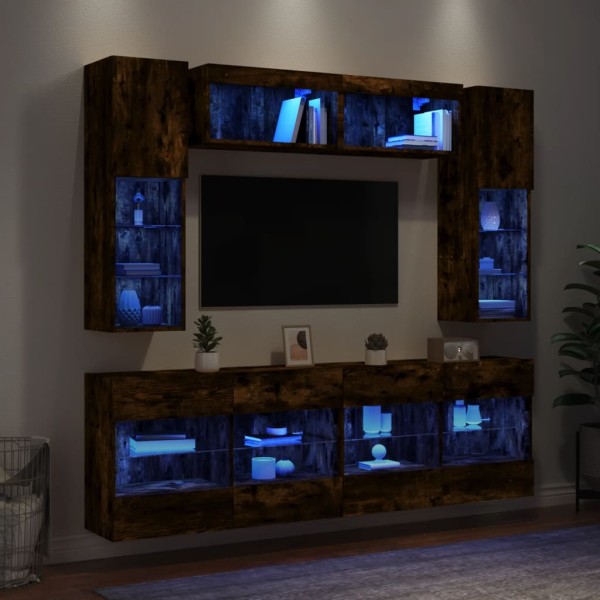 Wall-mounted TV cabinets with LED lights, 6 units, smoky oak