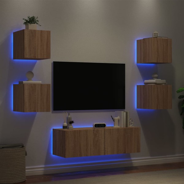 Wall-mounted TV cabinets with LED lights, 5 parts, oak