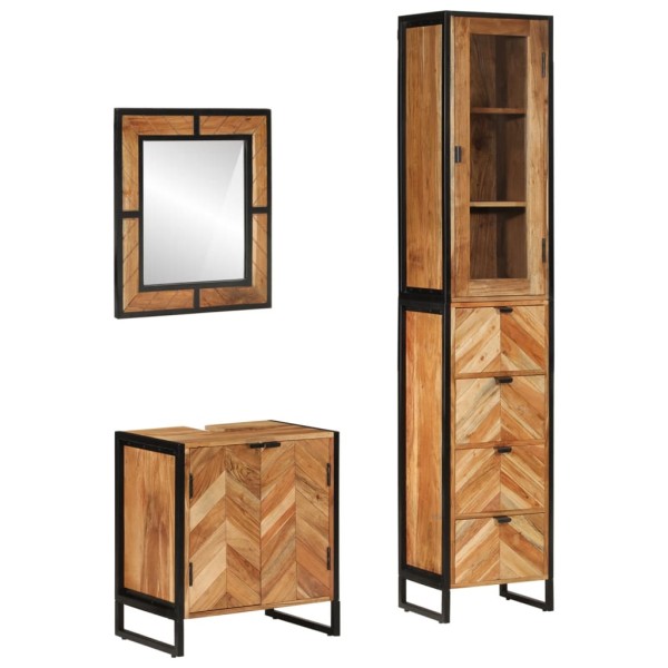 Bathroom furniture set, 3 pieces, iron and solid acacia