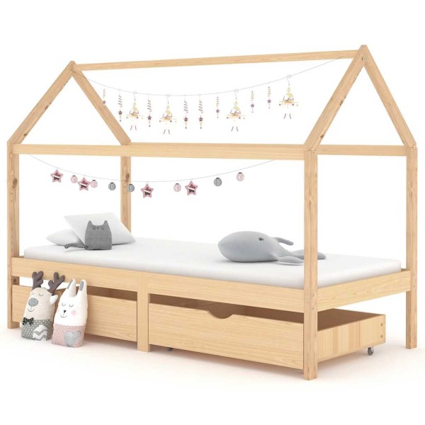 Children's bed frame with drawers, 90x200cm, solid pine