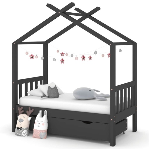 Children's bed frame with drawer, gray, 70x140cm, pine