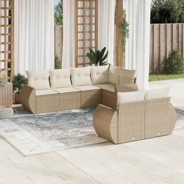 Sofa set with cushions, 7 pieces, sand, polyrattan