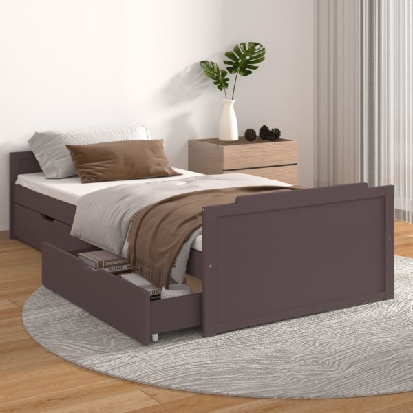 Bed frame with drawers, dark brown, 90x200cm, pine