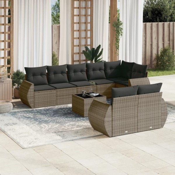 Sofa set with cushions, 9 pieces, gray, polyrattan