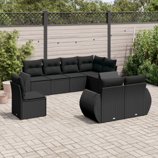 Sofa set with cushions, 8 pieces, black, polyrattan