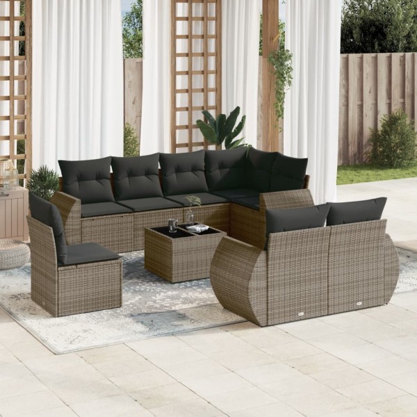 Sofa set with cushions, 9 pieces, gray, polyrattan