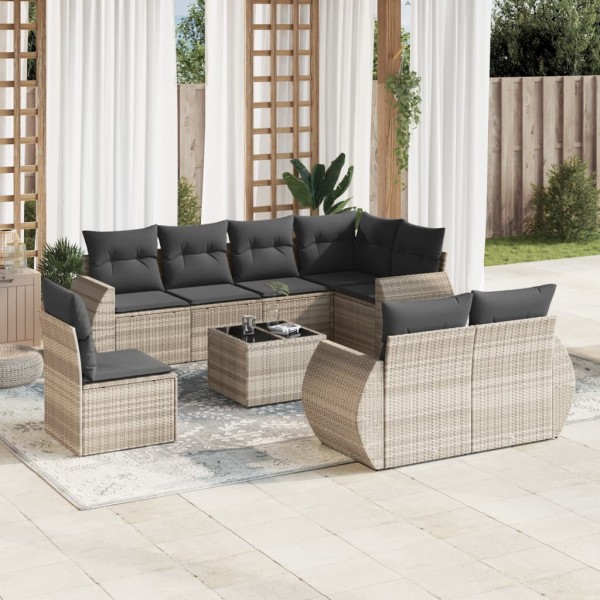 Sofa set with cushions, 9 pieces, gray, polyrattan