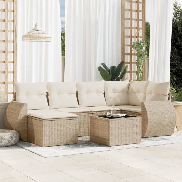 Sofa set with cushions, 7 pieces, sand, polyrattan