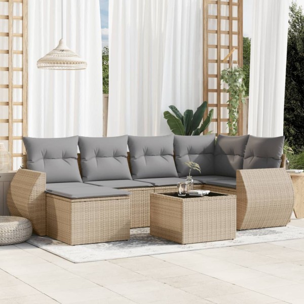 Sofa set with cushions, 7 pieces, sand, polyrattan