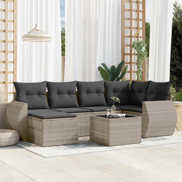 Sofa set with cushions, 7 pieces, gray, polyrattan