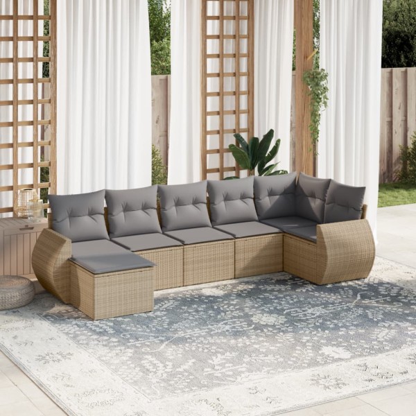 Sofa set with cushions, 7 pieces, sand, polyrattan