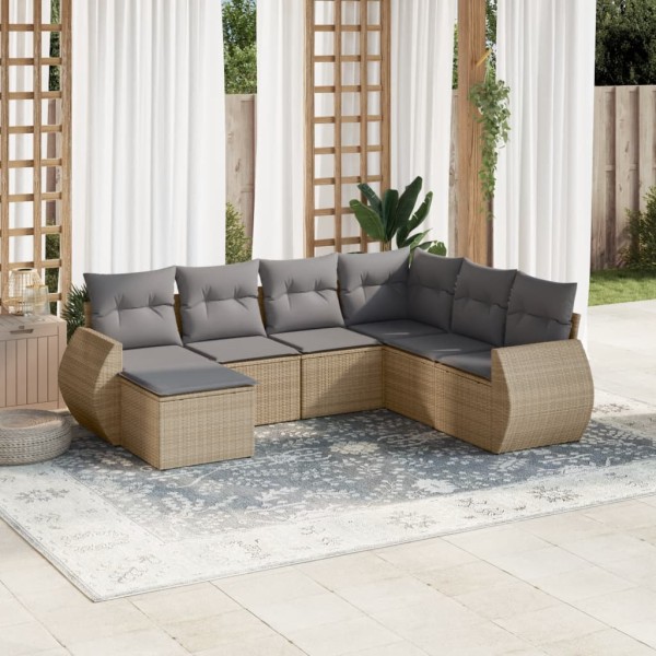 Sofa set with cushions, 7 pieces, sand, polyrattan