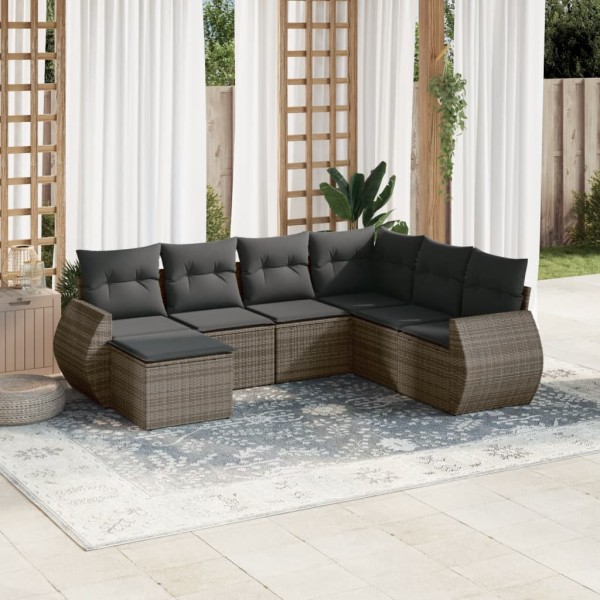 Sofa set with cushions, 7 pieces, gray, polyrattan