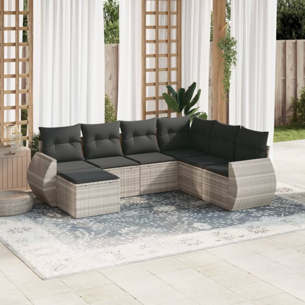 Sofa set with cushions, 7 pieces, gray, polyrattan