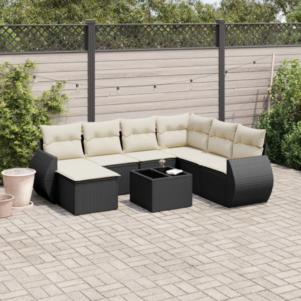 Sofa set with cushions, 8 pieces, black, polyrattan