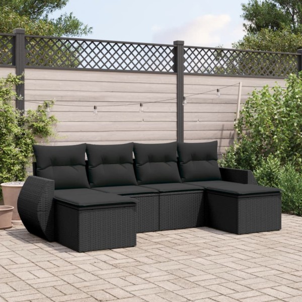 Sofa set with cushions, 6 pieces, black, polyrattan