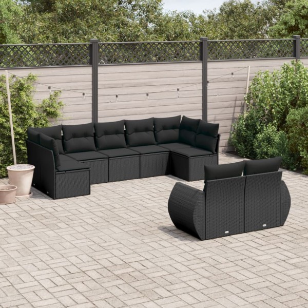 Garden set with cushions, 9 pieces, black, polyrattan